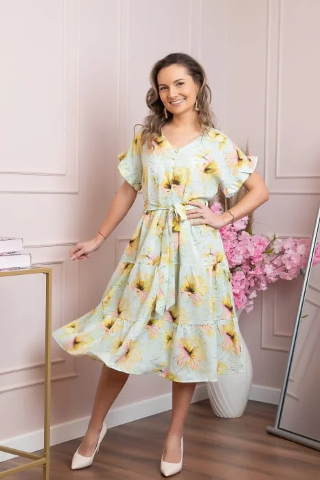 Rochie eleganta Maribel cu volanase si cordon in talie - Verde mint