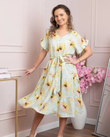 Rochie eleganta Maribel cu volanase si cordon in talie - Verde mint