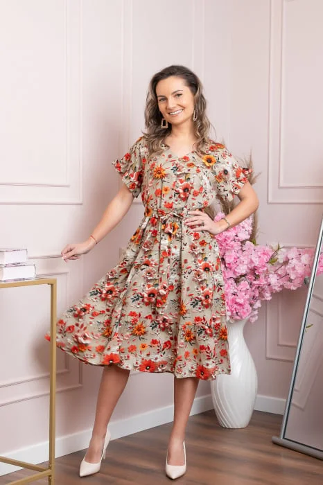 Rochie eleganta Maribel cu volanase si cordon in talie - Bej