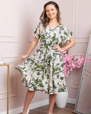 Rochie eleganta Maribel cu volanase si cordon in talie - Verde