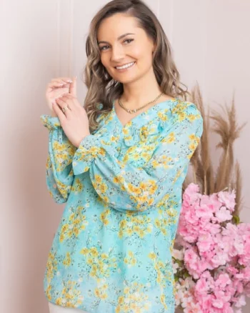 Bluza Vivienne din voal cu volanase si imprimeuri florale turcoaz