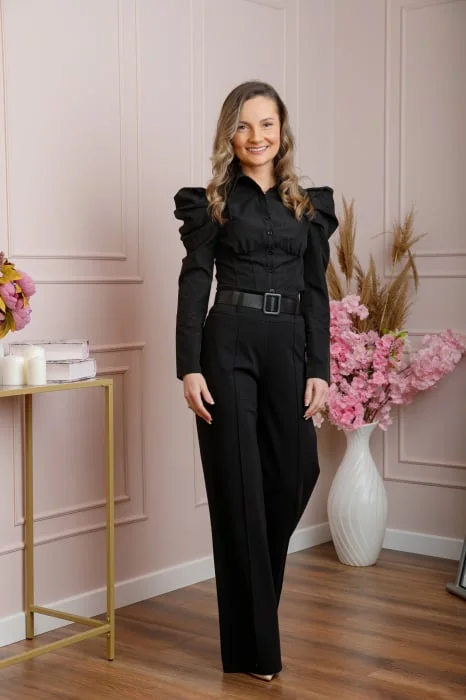 Pantaloni evazati Ophelia cu talie inalta si curea - Negru