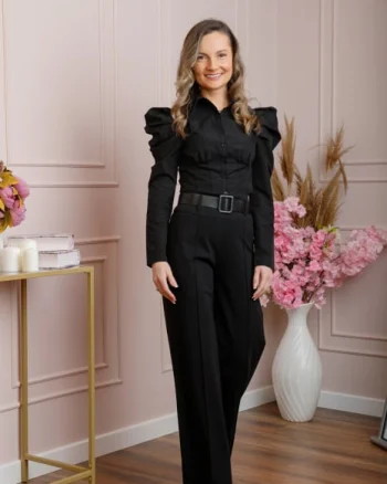 Pantaloni evazati Ophelia cu talie inalta si curea - Negru
