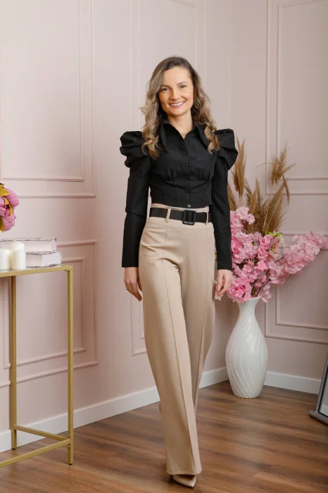 Pantaloni evazati Ophelia cu talie inalta si curea - Crem