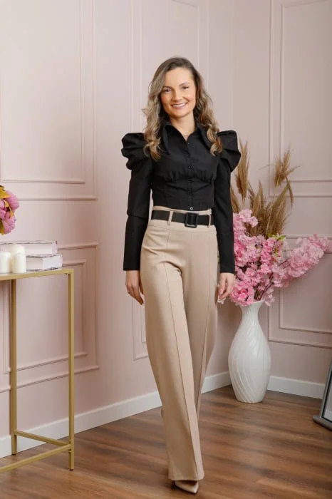 Pantaloni evazati Ophelia cu talie inalta si curea - Crem