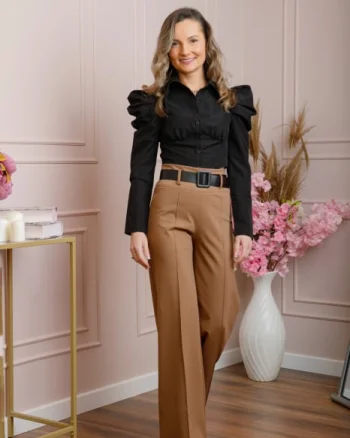 Pantaloni evazati Ophelia cu talie inalta si curea - Camel