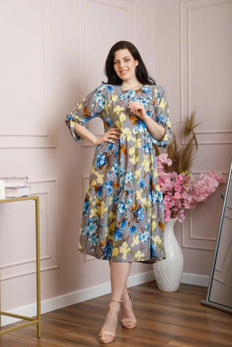 Rochie vaporoasa Emmeline cu volane si imprimeuri florale - Gri