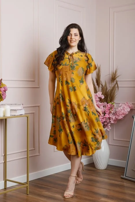 Rochie eleganta Penelope cu baza asimetrica si imprimeu floral - Galben mustar