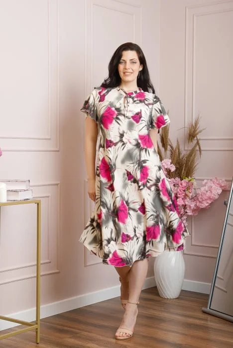 Rochie eleganta Penelope cu baza asimetrica si imprimeu floral - Fuchsia
