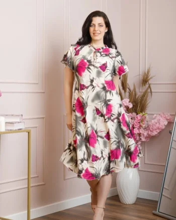 Rochie eleganta Penelope cu baza asimetrica si imprimeu floral - Fuchsia