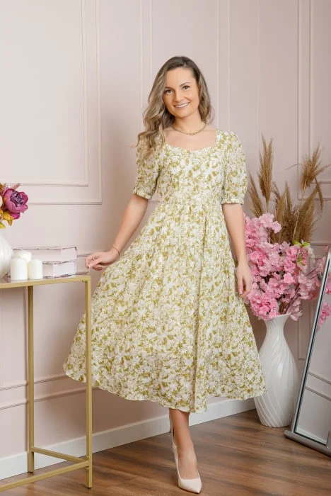 Rochie eleganta Helena cu imprimeuri florale si buzunare functionale - Bej