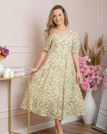Rochie eleganta Helena cu imprimeuri florale si buzunare functionale - Bej