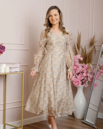 Rochie eleganta Sienna cu maneci bufante - Crem