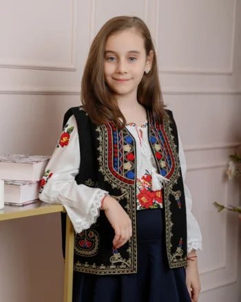 Vesta traditionala neagra pentru fetite cu broderie florala multicolora Catalina 02