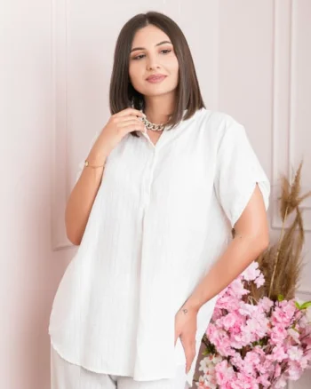 Bluza casual Athena cu guler stil tunica si insertii argintii - Alb
