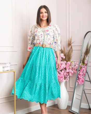 Fusta turcoaz deschis boho chic cu perforatii si curea in talie