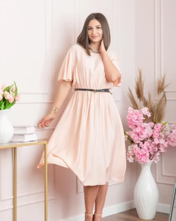 Rochie eleganta roz pastel Leona cu maneci fluture