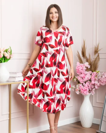 Rochie eleganta Mirabelle cu imprimeu floral - Rosu cu alb