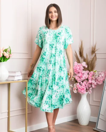 Rochie eleganta Mirabelle cu imprimeu floral - Turcoaz cu alb