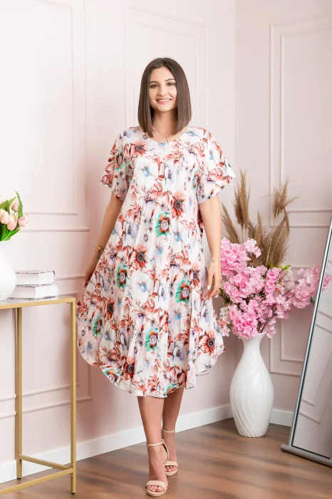 Rochie eleganta Mirabelle cu imprimeu floral - Crem cu caramiziu
