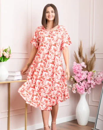 Rochie eleganta Mirabelle cu imprimeu floral - Corai cu alb