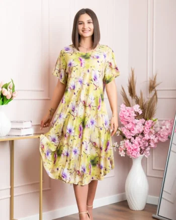 Rochie eleganta Mirabelle cu imprimeu floral - Galben cu mov
