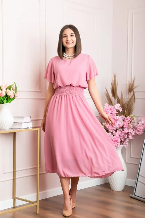 Rochie eleganta roz pudrat Francesca cu talie incretita