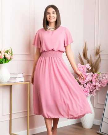 Rochie eleganta roz pudrat Francesca cu talie incretita