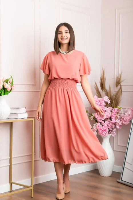 Rochie eleganta roz somon Francesca cu talie incretita