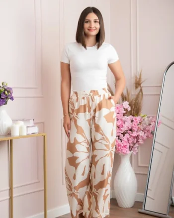 Pantaloni palazzo Camilla cu imprimeu floral maxi bej-ivoire
