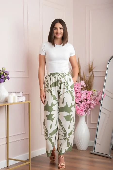 Pantaloni palazzo Camilla cu imprimeu floral maxi kaki-ivoire