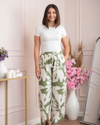 Pantaloni palazzo Camilla cu imprimeu floral maxi kaki-ivoire