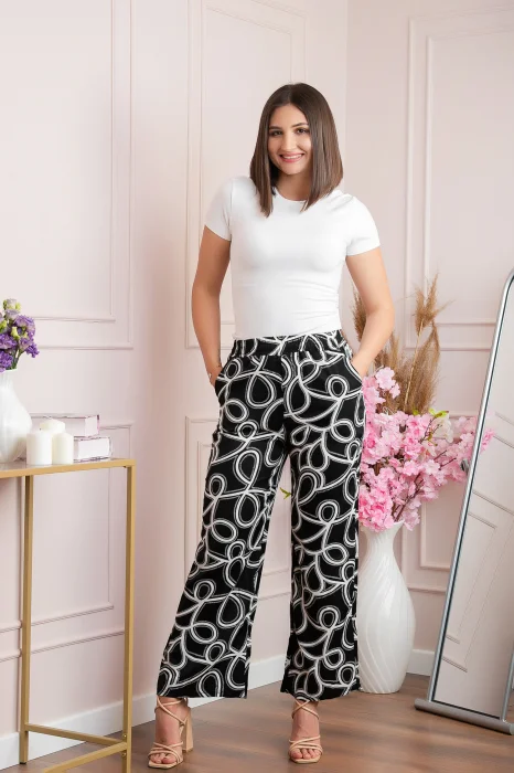Pantaloni palazzo Hanna cu imprimeu abstract negru-alb