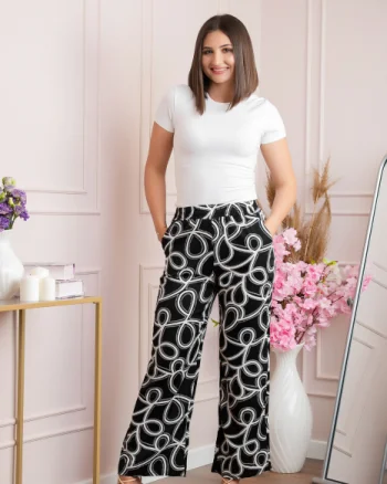 Pantaloni palazzo Hanna cu imprimeu abstract negru-alb