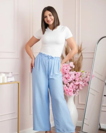 Pantaloni palazzo Nicole cu snur in talie - Bleu