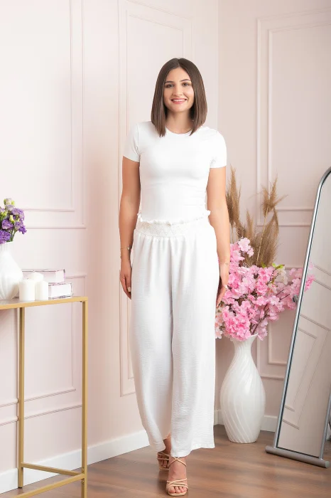 Pantaloni palazzo Norah cu talie inalta si broderie zig-zag - Alb