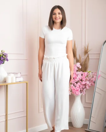 Pantaloni palazzo Norah cu talie inalta si broderie zig-zag - Alb