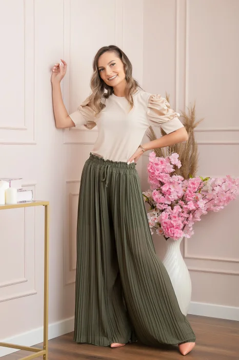 Pantaloni plisati Coraline din voal cu talie elastica - Kaki