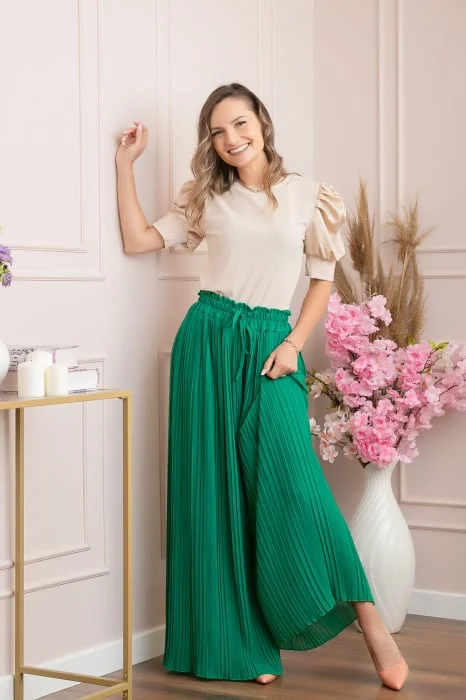Pantaloni plisati Coraline din voal cu talie elastica - Verde