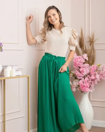 Pantaloni plisati Coraline din voal cu talie elastica - Verde