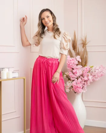 Pantaloni plisati Coraline din voal cu talie elastica - Ciclam