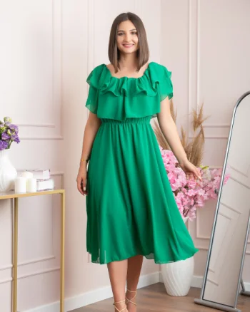Rochie Joyce eleganta din voal cu volane - Verde smarald