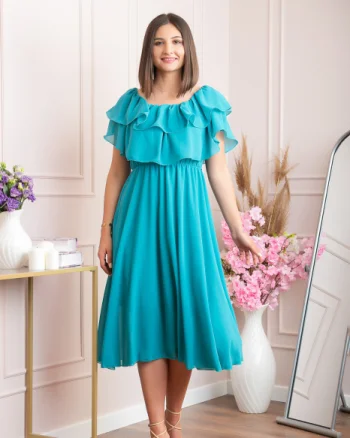 Rochie Joyce eleganta din voal cu volane - Turcoaz