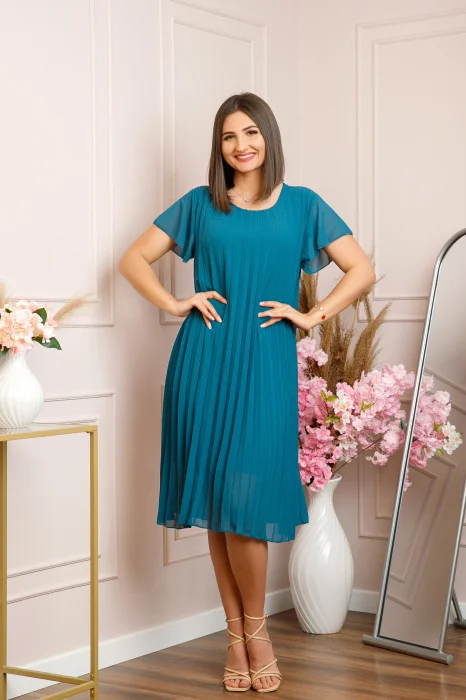 Rochie plisata Elisa cu maneci fluture - Turcoaz inchis