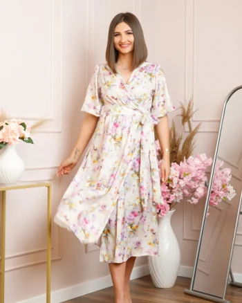 Rochie Emma petrecuta cu cordon in talie - Alb cu roz