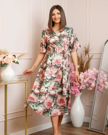 Rochie Emma petrecuta cu cordon in talie - Roz cu verde