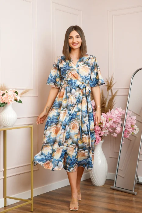 Rochie Emma petrecuta cu cordon in talie - Albastru cu orange