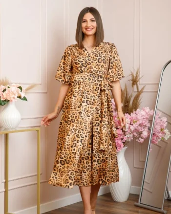 Rochie Emma petrecuta cu cordon in talie - Animal print camel