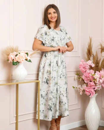 Rochie eleganta Fiorella cu imprimeuri florale - Alb cu gri