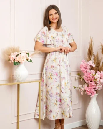 Rochie eleganta Fiorella cu imprimeuri florale - Alb cu roz